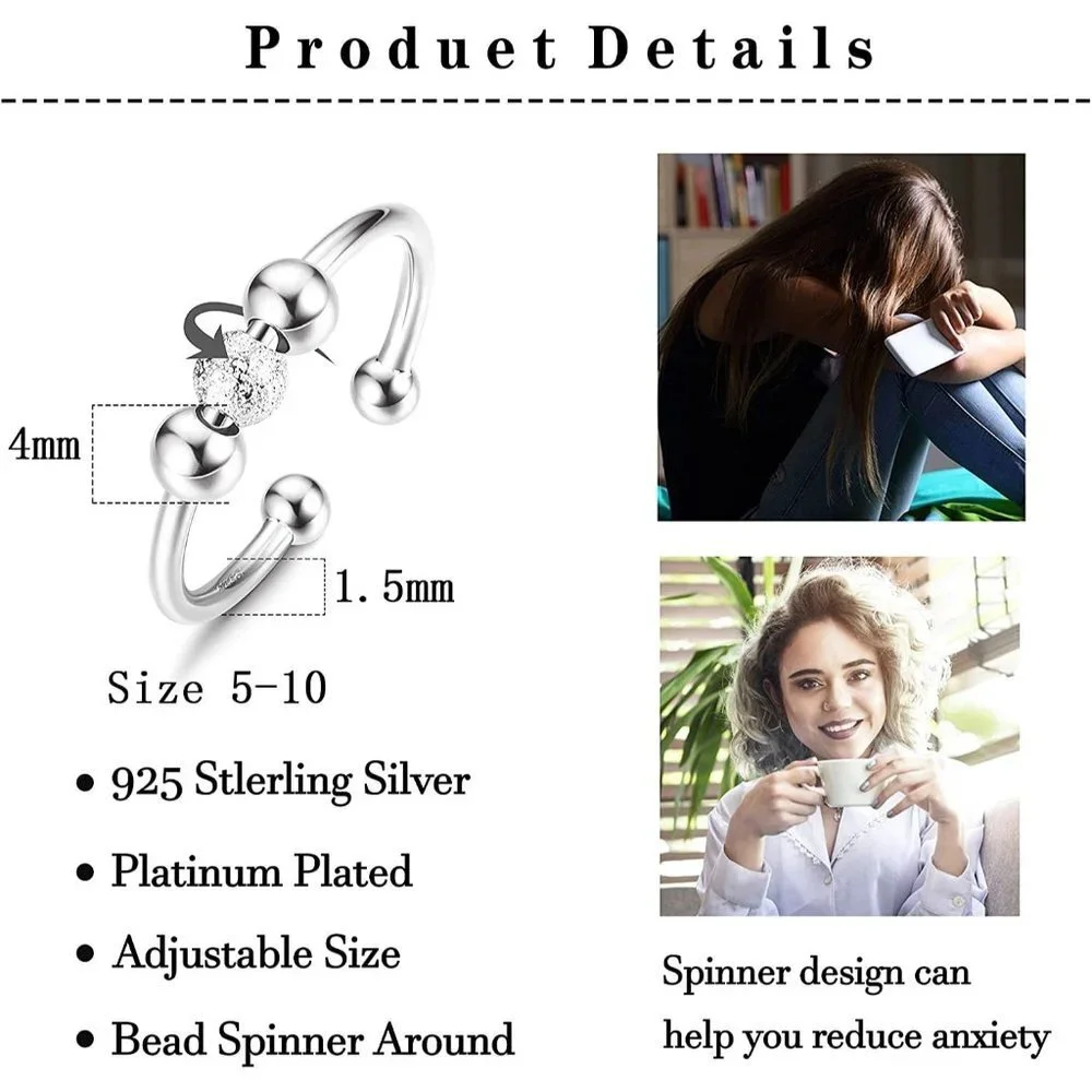 925 Sterling Silver Anti Anxiety Rings for Women Men